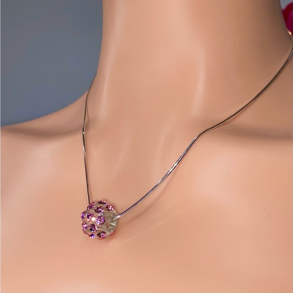 Pink Acrylic pendant necklace with sterling silver chain, genuine crystals - Picture 3 of 9